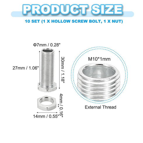 PATIKIL M10x30mm 10 Set Hex Bolts and Nuts Kit, Fine Thread Hollow Screws Assortment Hexagon Head Screw Through Hole