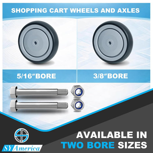 5" 1.25" 1400 lbs (Set 4), 5/16" SY America x Shopping Cart Replacement Wheels Kit, Rubber Wheels for Grocery