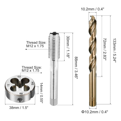 uxcell Tap and Die and Drill Bit Set, M12 x 1.75 Left Hand Thread Milling Tap and Round Die, 10.2mm Cobalt High Speed Steel Twist Drill Bit