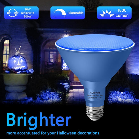 Gonhom 2 Pack PAR38 Bulbs, Dimmable, 20W, E26 1800 Blue Led Light Base, Outdoor Indoor, Christmas Lighting, LM, Long