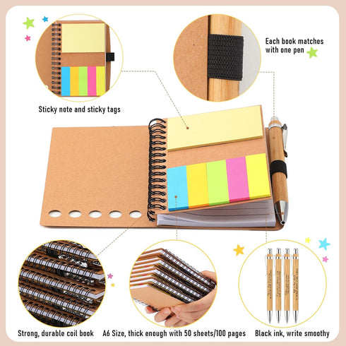 Yeaqee 30 Set Inspirational Gifts, Spiral Notebooks with Sticky Notepads, Motivational Bamboo Ballpoint Pens, Back to