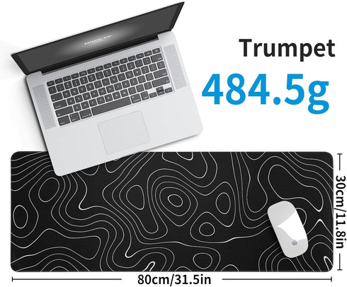 Large Topographic Map Gaming Mouse Pad for Desk, Black Desk Pad with Non-Slip Rubber Base, Desk Decor