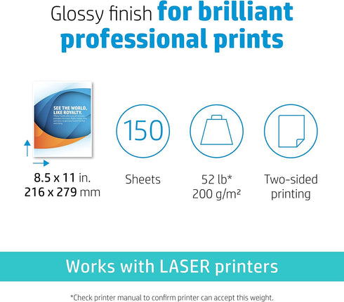 8.5x11 52 lb, 150 (4WN10A) HP Professional Business Paper, Glossy, in, sheets, works with laser printers