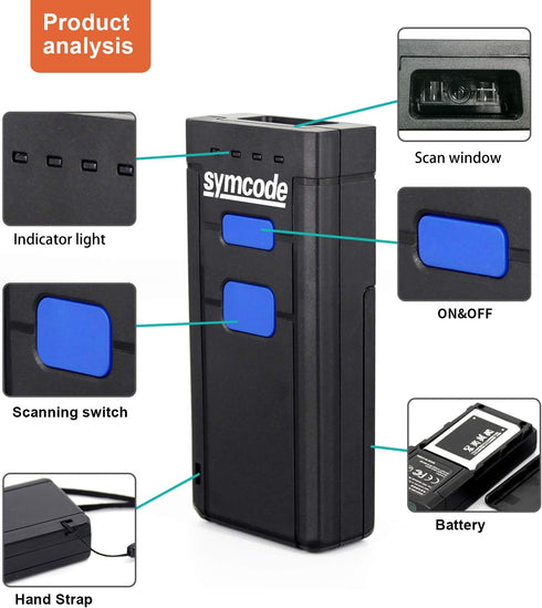 Symcode Bluetooth Wireless Barcode Scanner, Portable Reader Compatible with Windows, Mac, Android, iOS Devices