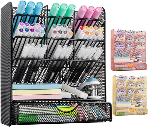 Spacrea Metal Desk Organizer with Drawer, Pencil Holder for School, Home, Art Supplies (Black)