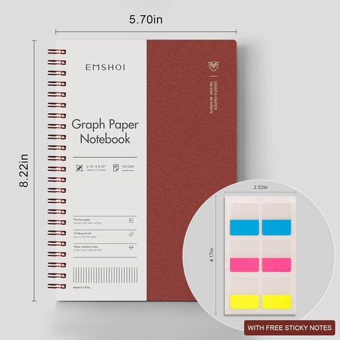 EMSHOI Graph Paper Spiral Notebook, 5.7" x 8.22", 4 Pack, 640 Pages, 100gsm Thick Grid Paper