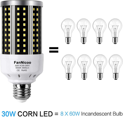 LED Corn Light Bulb 2 Pack 200W Equivalent Cool Bright Daylight White 30W 6500K 3000 Lumen E26/E27 Medium Base