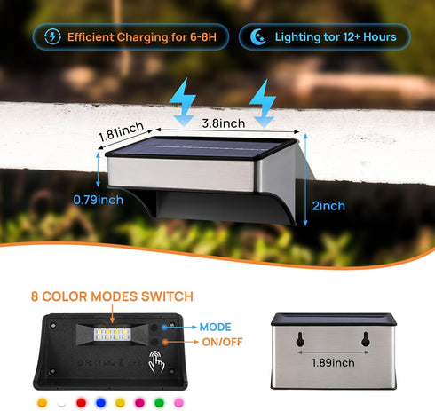 BRIGHTRIGHT 4 Pack 8 Solar Deck Lights Outdoor Waterproof - Step Lights for Stairs & Fence, Color Changing Security