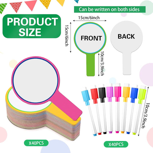 Crtiin 80 Pcs Colorful Dry Erase Paddles Set, 40 Pcs Dry Erase Paddles with 40 Pcs Markers, Handheld Whiteboard