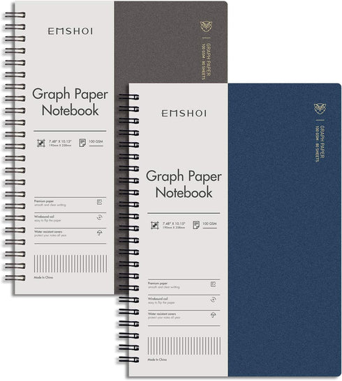EMSHOI Graph Paper Spiral Notebook: 7.48" x 10.15", 2 Pack, 320 Pages, B5 Graph Paper, Plastic Hardcover