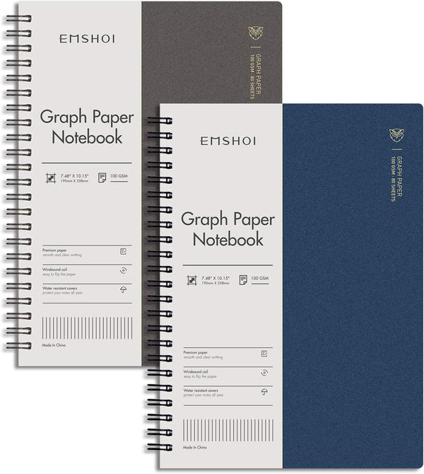 EMSHOI Graph Paper Spiral Notebook: 7.48" x 10.15", 2 Pack, 320 Pages, B5 Graph Paper, Plastic Hardcover