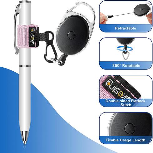 4 Set, 27.5" Likesing Retractable Pencil Holder Anti-Lost Retractable Pen Holder with Clip, Elastic Reel Pen Leash