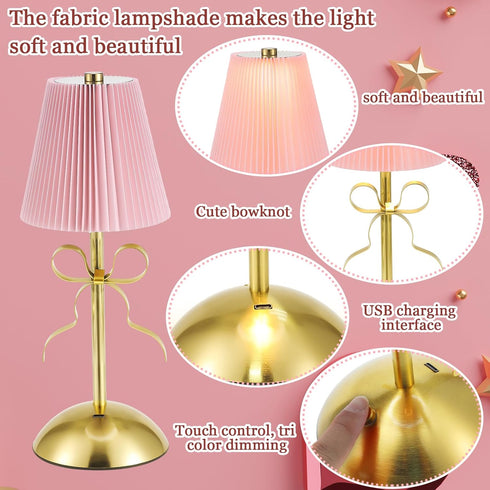 2 Pack 12 Inch Small Gold Bow Table Lamp for Girl's Bedroom Cute Coquette Bow Table Lamp with Fabric Shade Modern
