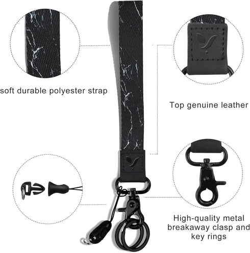 Yiflin Cute Wrist Lanyard for Keys, Keychain, Wallet, ID Holder, Cell Phone, Black & Marble Wristlet Key Chain Holder