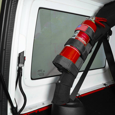 Adjustable Roll Bar Fire Extinguisher Mount Holder for 3 lb Jeep Wrangler Unlimited, Black with USA Flag