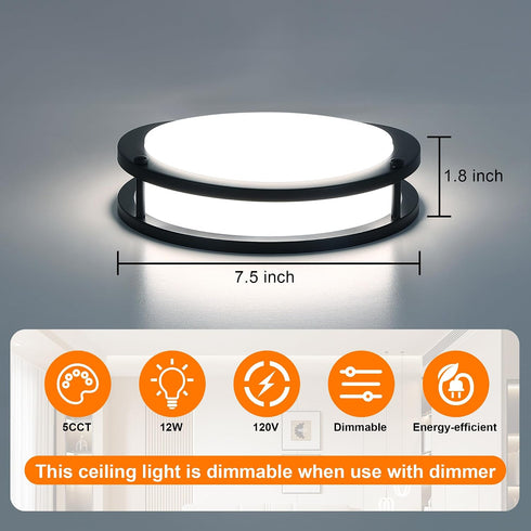 7.5 Inch 7.5 2700K/3000K/3500K/4000K/5000K 12W Round Black Ceiling Light Fixture for Living Room - Black LED Flush