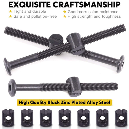 Mardatt M6 80mm 50PCS x Black Zinc Plated Hex Socket Cap Bolts Crib Bolts and Barrel Nuts Cross Dowel Replacement