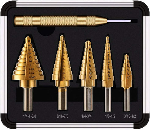 Knoweasy Step Drill Kit, 5PCS HSS Titanium Step Drill with Automatic Center Punch for Multiple Hole Drilling