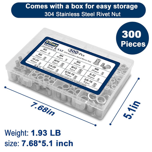 Vifmy Kit(300 M3 M4 M5 M6 M8 M10 M12#8-32#10-24 1/4"-20 5/16"-18 3/8"-16 304 Set Metric & SAE Rivet Nut Assortment