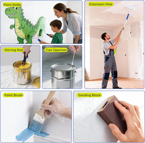 32PCS 2 4 4" 9" 11'' INCLY Paint Roller Kit with to Ft Extension Pole, & Paint Rollers with Tray, Paint Brushes