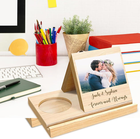 Lovdeying Personalized Wooden Triangle Book Holder Stand Custom Solid Oak Wood Book Rest with Cup Holder Engraved Text