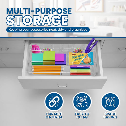 Manaloom Desk Drawer Organizer Tray, 9 Storage Compartments for Home and Office, Clear, 2 Pack