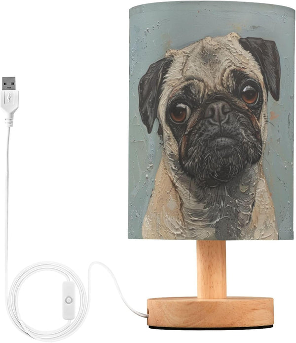 YYZZH Table Lamp Pug Dog Nightstand Lamp with Wood Base Fabric Lamp Shade
