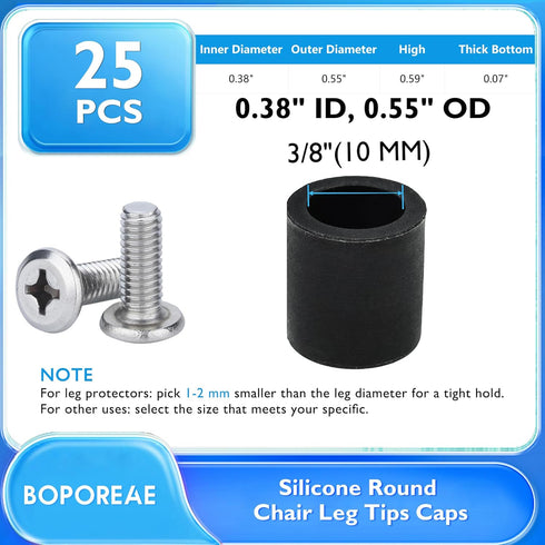25 3/8" (10 mm) Pcs Round Chair Leg Tips Caps, Silicone Rubber Furniture Leg Floor Protectors, Reduce Noise Folding