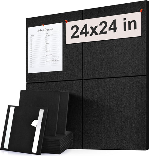 Large Cork Board Substitute, 24"x24" Bulletin Board, 4 Pack Black Felt Board for Home and Office Decor