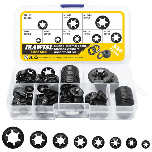Internal Tooth Starlock Washers, 330PCS 8 Size Quick Locking Washers, 65Mn Steel Retaining Clips Assortment Kit