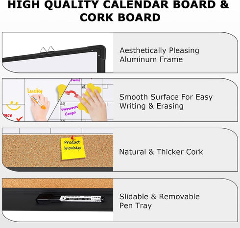 EAONE Monthly Calendar Whiteboard and Cork Board Combo, 24" X 18", Double-Sided Magnetic Dry Erase Calendar, Black