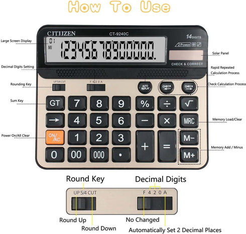 Large Mechanical Calculator, Dual Power Desk Calculator 14 Digit, Extra Large 5In LCD Display for Office, Home, School