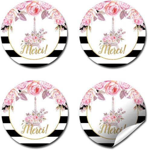Ooh La La Paris Thank You Sticker Labels - 40 2" Party Circle Stickers by AmandaCreation for Party Favors, Envelope