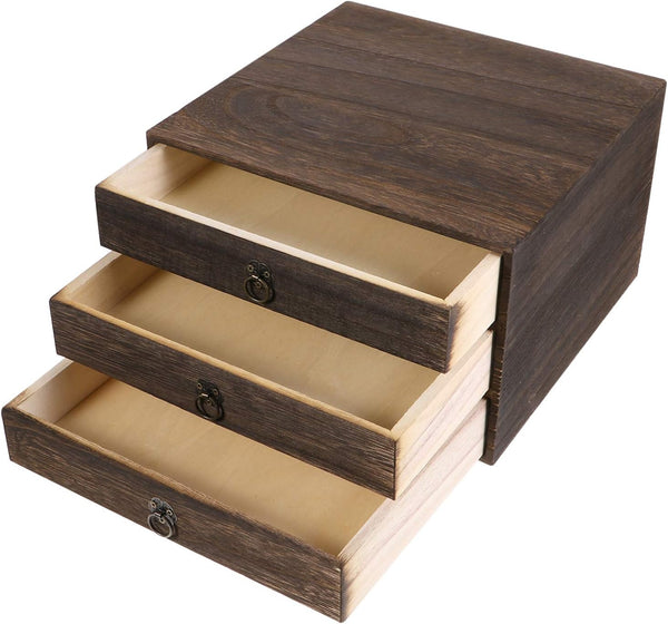 Cabilock Desktop Drawer Organizer - 3 Tier Vintage Rustic Wooden Desk Tray for Office Supplies, Tabletop Storage