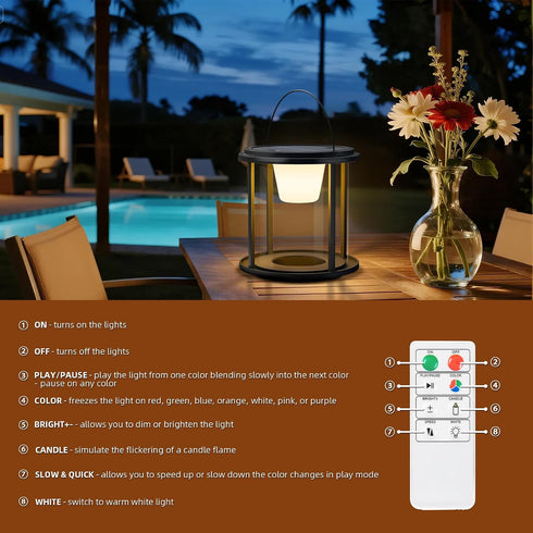 FUYO 7.6-Inch Dimmable Solar Rechargeable Camping Lantern - Outdoor Table Lamp with Warm White Light, RGB