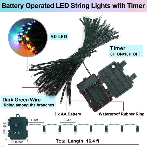 50 16.4Ft String Lights with Timer, Christmas Outdoor String Lights LED Waterproof Lights for Xmas Tree Wreath Garland