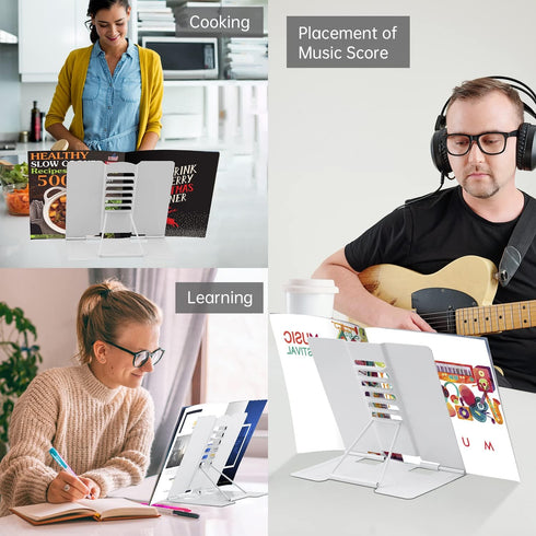 Book Stand Metal Desk Holder, Adjustable Cookbook Holder for Hands-Free Reading, Portable for Music, Textbooks, Recipes