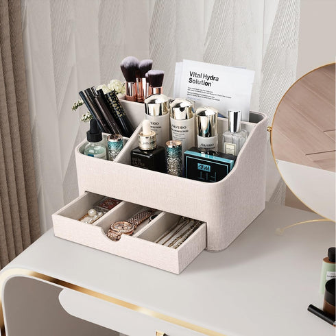 5 Countertop(Beige) KINGFOM PU Leather Desk Organizer with Drawer, Compartments Desktop Storage Caddy for Office & Home
