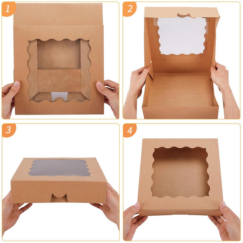 TOMNK 30pcs Large Bakery Boxes, 10x10x2.5 in with Window, Brown Paper Boxes for Pies and Cookies
