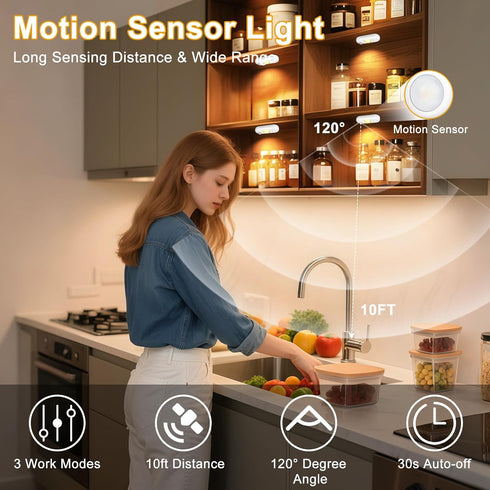 Closet Dimmable Counter 4Pack, LED Motion Sensor Puck Lights, Magnetic Rechargeable Under Cabinet Lighting, Wireless