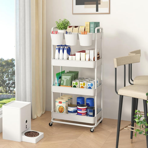 4-Tier JIUYOTREE Plastic Rolling Storage Cart Utility Cart with Extra Hanging Cups Handles Lockable Wheels for Living