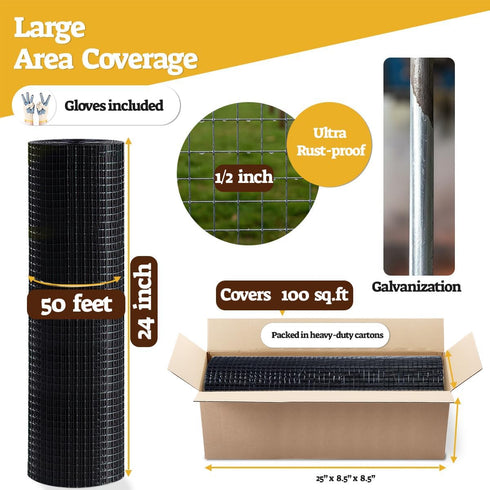 1/2 inch 24 50 19 HORCH Black Vinyl Coated Hardware Cloth x ft Gauge, Wire Mesh Roll, Chicken Wire Mesh, Chicken Wire