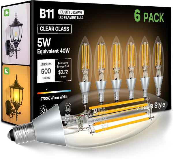 Dusk to Dawn Outdoor LED Light Bulb, 5W Equivalent 40W, Candelabra B11 Light Bulb, 2700K Soft White, 6 Pack