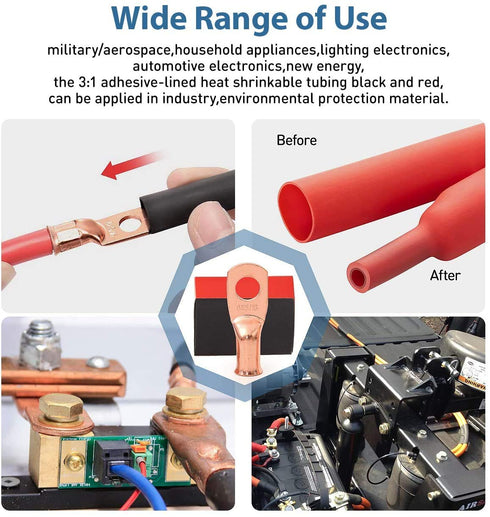 12PCS 2/0x1/2 Copper Ring Terminal Connectors, 2/0 AWG Heavy Duty Battery Cable Ends with 12 PCS 3:1 Heat Shrink Tubing