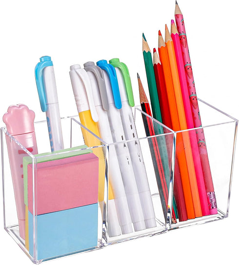 Clear Acrylic 3 Compartment Pencil Pen Holder, Cute Office School Pen Organizers, Makeup Storage Supplies, Pen Cup