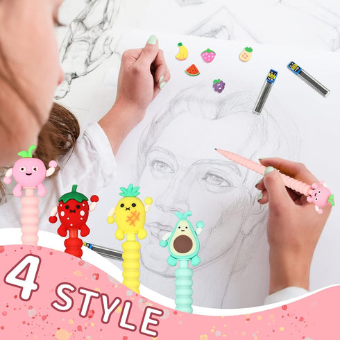 Chinco 24 Pieces Cute Mechanical Pencils with Fruit Erasers, Colorful Pencil with Fun Toppers, 0.7 mm