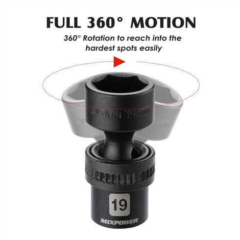 10-piece 3/8" Set, Metric,10-19mm, MIXPOWER Drive Shallow Universal Impact Socket Swivel Socket with Flexible Wobble