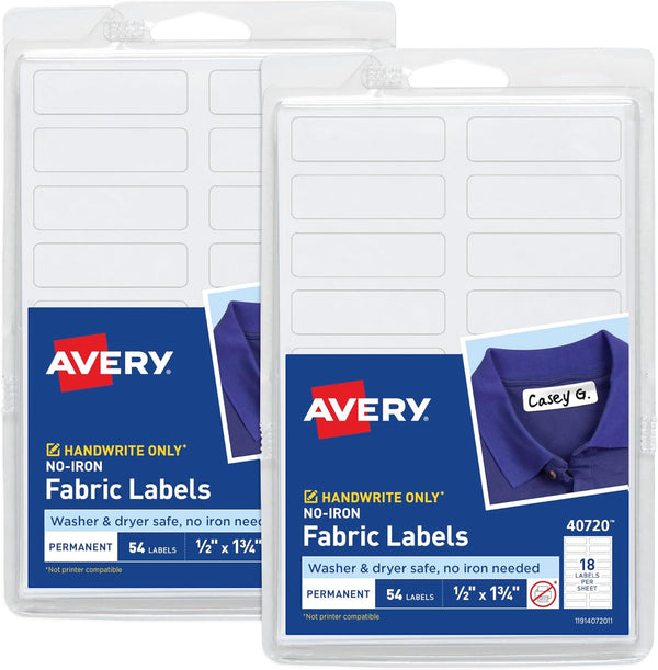 Avery No-Iron Fabric Labels, 1/2" x 1-3/4", Washer & Dryer-Safe, White, 54 Labels Per Pack, 2-Pack