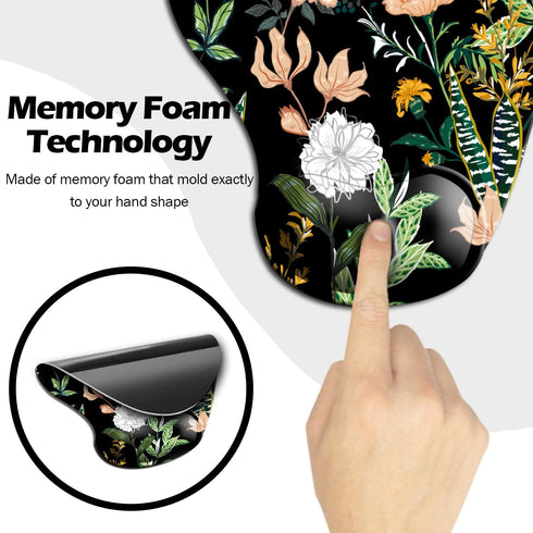Ergonomic Mouse Pad with Wrist Support, Black Floral Cute Design, Non-Slip PU Base for Home Office Working & Pain Relief