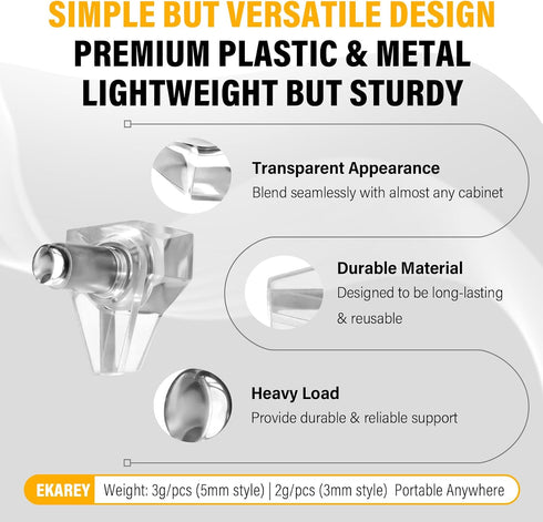 EKAREY 60 5mm Closet (60 5mm) Pcs Cabinet Shelf Pegs for Shelves, Shelf Pins Holders, Clear Shelf Support Pegs